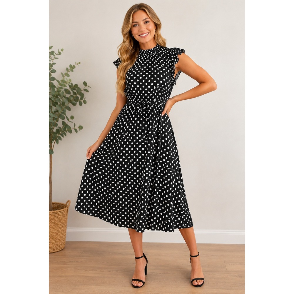 Nina Leonard Womens Polka Dot Matte‎ Jersey Midi Dress XL Black White Belted